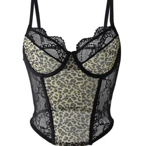 Sexy Leopard Print Lace Patchwork Boned Corset Top For Women Spaghetti Straps Slimming Cami Tank Top Party Halloween Outfits