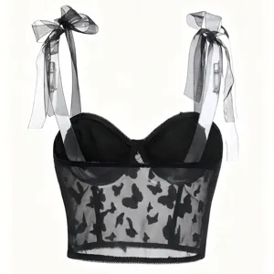 Black gothic sheer mesh butterfly corset camisole top with elegant ribbon straps.