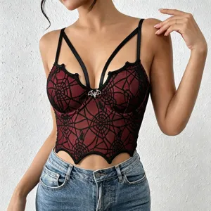 Schwarzes rotes Korsett Top mit Spinnennetz Muster für Damen, Halloween sexy Crop Top.
