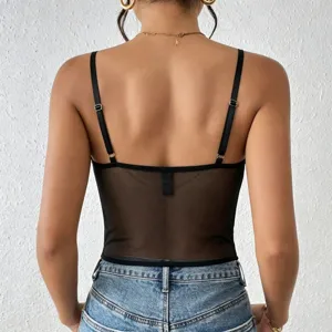 Gothisches transparentes Mesh Korsett Top für Damen, sexy rückenfreies Trägertop Party.