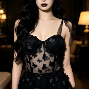 Dark gothic sheer mesh corset top featuring 3d butterflies and bow shoulder straps for women.