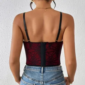 Halloween Spinnennetz Korsett Top Sexy Rot Schwarz Kurze Träger Top Streetwear