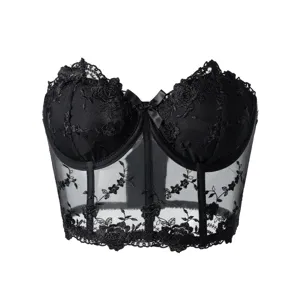 Black mesh embroidered corset bustier top, gothic sexy strapless crop top for women.