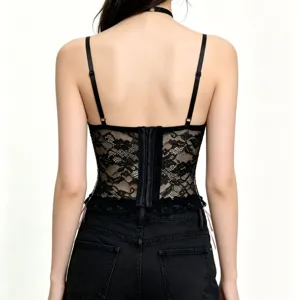 Schwarzes Spitzen Korsett Crop Top Damen Sexy rückenfreies Camisole Gothic Tailliert