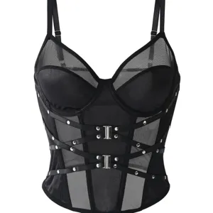 Schwarzes Gothic Netz Schnuerung Korsett Top, Punk Stil transpaerentes Bustier Hemd Damen.