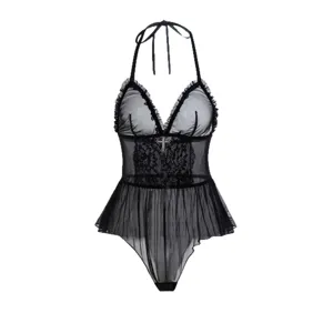 Body halter in pizzo nero trasparente con ciondolo croce gotica, lingerie sexy audace.
