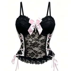 Schwarzes Spitzen-Korsett-Top mit pinker Schleife und Kreuz-Anhänger, sexy Bustier.