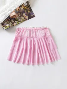 Pink mesh ruffled mini skirt, sheer tiered layers with lace trim for cute sexy lingerie look.