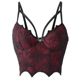 Gothic Spinnennetz Spitzen Korsett Top, rot-schwarze sexy Bustier Halloween Tanktop