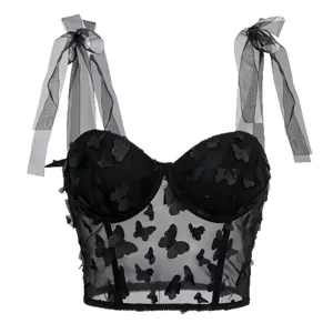 Black sheer mesh corset top featuring 3D butterfly appliqués and ribbon tie straps.