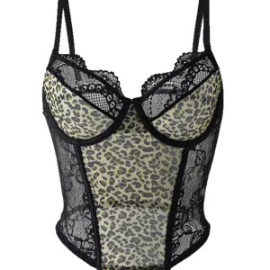 Sexy leopard print lace bustier camisole with boning and push-up support for women