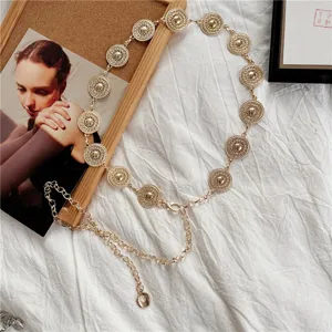 Vintage gold metal coin disc chain belt for women, stylish dress sweater waist accessory.