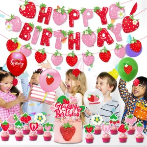 Erdbeer Geburtstag Party Deko Set mit Banner Luftballons Kuchenaufsatz für Kinder Feier.