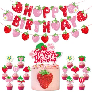 Erdbeer Geburtstag Party Deko Set Details, inklusive Banner, Kuchen und Cupcake Topper.