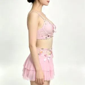 Pink floral mesh embroidered bra and lace ruffle skirt set sweet sexy lingerie outfit