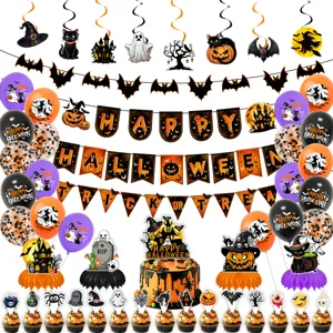Halloween Party Dekoration Set Papier Banner Kuchen Topper Luftballons Waben Ornamente Spiralen Festliche Haus Hängen Dekor