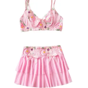 Pink floral embroidered bra and ruffle mini skirt lingerie set, sweet and sexy two-piece sleepwear.