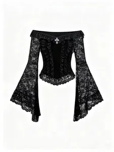 Gothic Samt Off-Shoulder Top Damen Spitzen-Spleißen Langarm Ausgestellter Ärmel Bluse Sexy Schlanke Passform Verkürzt Pullover Halloween Kostüm
