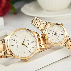 Minimalist Couples Matching Quartz Watch Waterproof Alloy Case Stainless Steel Band Fashion Business Round Wristwatch For Men Women Daily Office