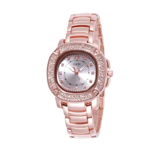 Luxueuse montre quartz femme or rose strass avec bracelet acier élégant photo principale.