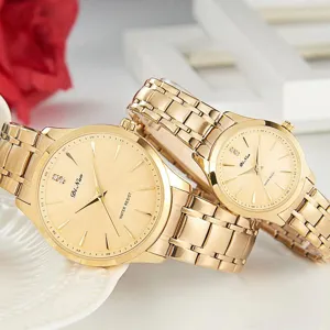 Gold stainless steel couple quartz watch set with elegant round dial for men and women