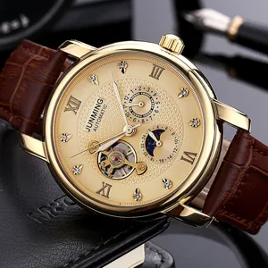 Heren Zakelijke Luxe Roestvrij Staal Automatisch Mechanisch Horloge Echt Lederen Band Opengewerkt Romeinse Cijfers Strass Tourbillon Polshorloge