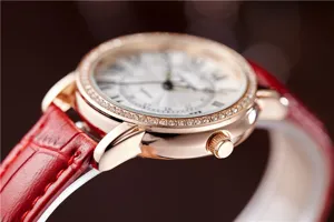 Women fashion rhinestone leather watch detail view, elegant rose gold case with Roman numerals.