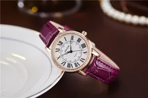 Women's luxury quartz watch featuring purple leather strap, Roman numerals and rhinestones.