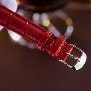 Red leather watch strap with silver buckle, classic replacement watch band for women.