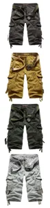 Men's casual multi-pocket cargo shorts with belt, vintage military style knee-length trousers.