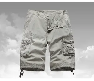 Details of men's grey cargo shorts featuring multi pockets, zipper fly and adjustable hem.