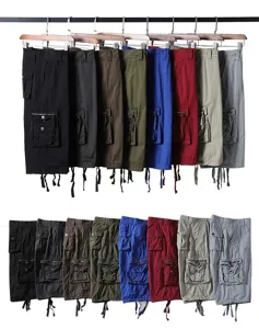 Men's summer multi-pocket cargo shorts, casual cotton 5-point trousers with various solid colors.