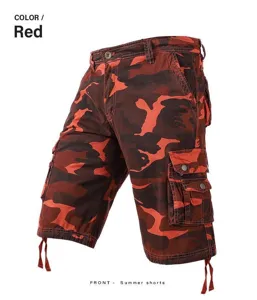 Men's red camo cargo shorts with multiple utility pockets and adjustable drawstring hem.