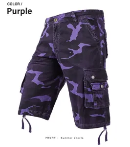 Men's purple camo cargo shorts with multi-pockets and drawstring hem for casual summer wear.