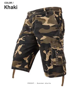Men's camouflage camo cargo shorts summer casual multi-pocket tactical short pants khaki