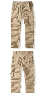 Detailed view of men's khaki multi-pocket cargo pants, showing front and back designs.