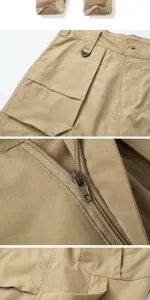 Detailed view of men's casual cargo pants in khaki, featuring multi-pockets and durable zippers.