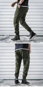 Men's green cargo pants casual slim fit tactical trousers stretch multi-pocket streetwear active