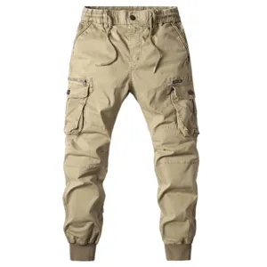 Pantaloni cargo kaki da uomo casual tattici con tasche multiple e polsini.
