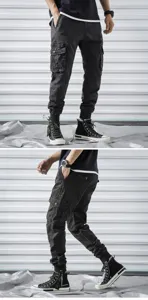 Men casual cargo pants detail view showing multi pockets and elastic cuffs for outdoor sports.