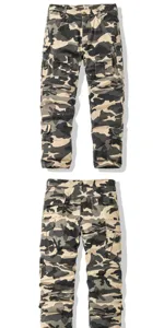 Men's camouflage cargo pants with multiple pockets, casual military style outdoor trousers.