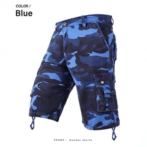 Men's blue camouflage cargo shorts summer casual multi-pocket drawstring shorts front view