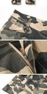 Men's camouflage cargo pants detail view, casual multi-pocket military trousers.