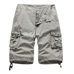 Men's summer casual gray cargo shorts, loose fit multi-pocket mid pants front view display.