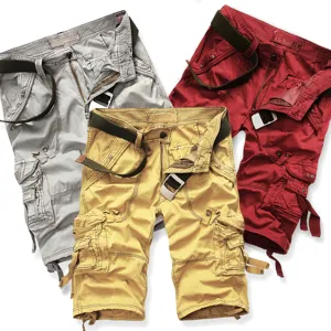 Men's multi-pocket casual cargo shorts detail shot showing fabric and pockets.