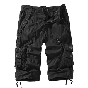 Men's black multi-pocket cargo shorts casual loose fit cotton capri trousers streetwear fashion.