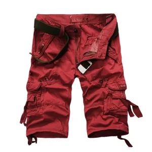 Men's red multi-pocket cargo shorts casual summer 3/4 length trousers with stylish belt.