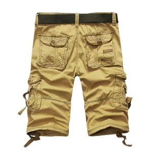 Detailed view of men's multi-pocket tactical cargo shorts in khaki with utility belt.