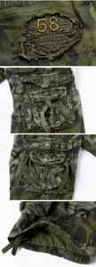 Detail shot of men's camo cargo shorts, featuring multi-pockets and embroidered patch.