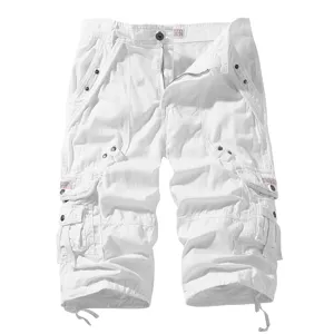 Men's Casual Pure Cotton Cargo Shorts Summer Loose Fit Multi Pocket Cropped Trousers Solid Color Male Clothing